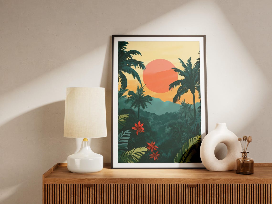 Amazon Rainforest Sunset Giant Sun Palms and Red Flowers Jungle Poster - Image 5