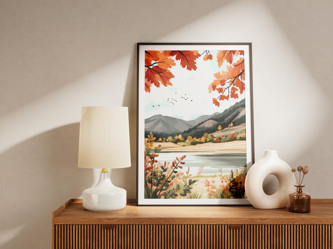 Autumn Mountain Lake with Maple Trees and Flying Birds Poster - Image 5