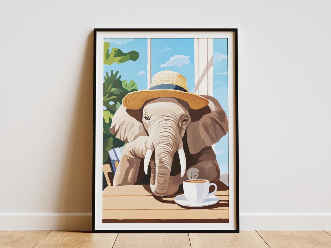 Elephant Art Print Cafe Poster Coffee Lover Gift Whimsical Wall Animal Home Decor With Hat
