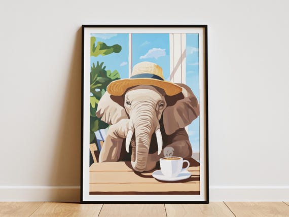 Elephant Art Print Cafe Poster Coffee Lover Gift Whimsical Wall Animal Home Decor With Hat