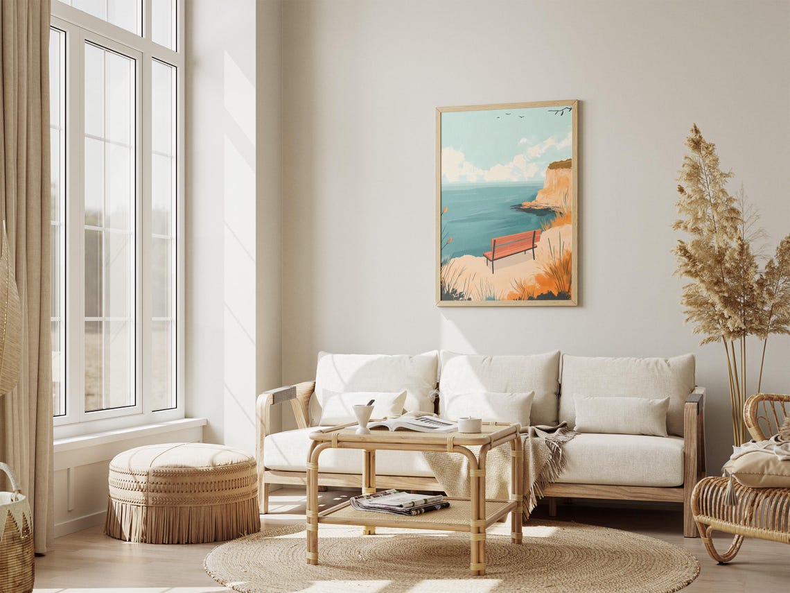 Wooden Bench Overlooking a Calm Teal Sea From a Sandy Cliff Poster - Image 4