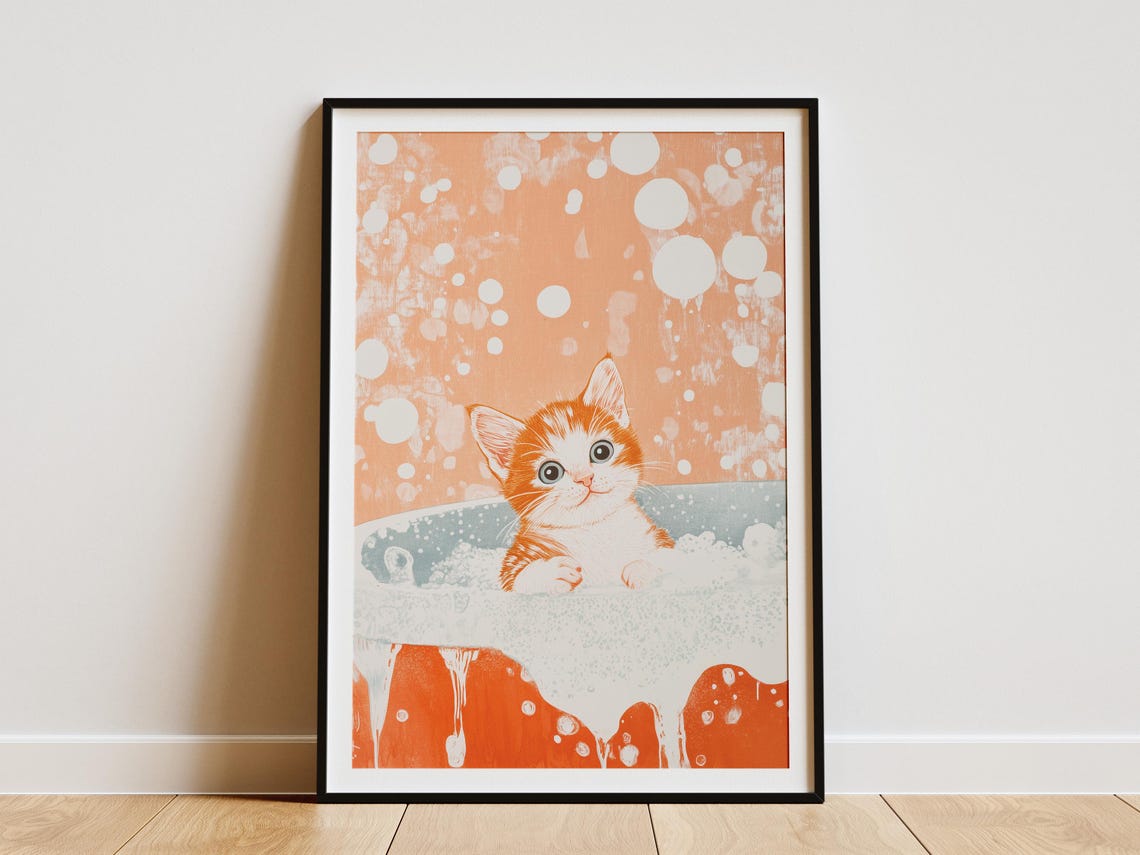 Sweet Ginger Kitten in Bubbly Bath Warm Peach Bubbles Art Poster