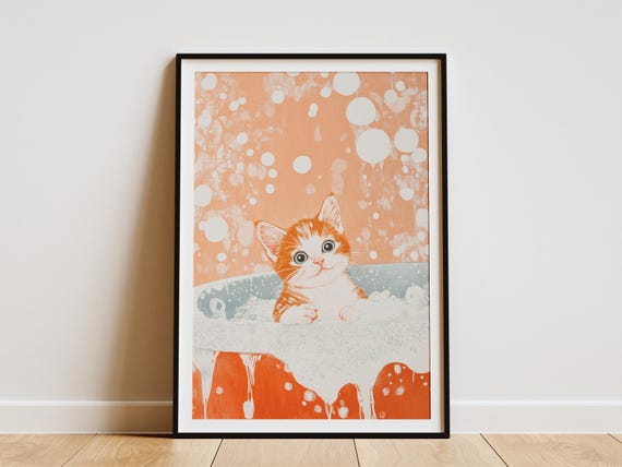 Singapura Kitten Art Print In Tub Poster Foamy Bathtub Wall Baby Animal Illustration Cute Artwork Kids Room Decor