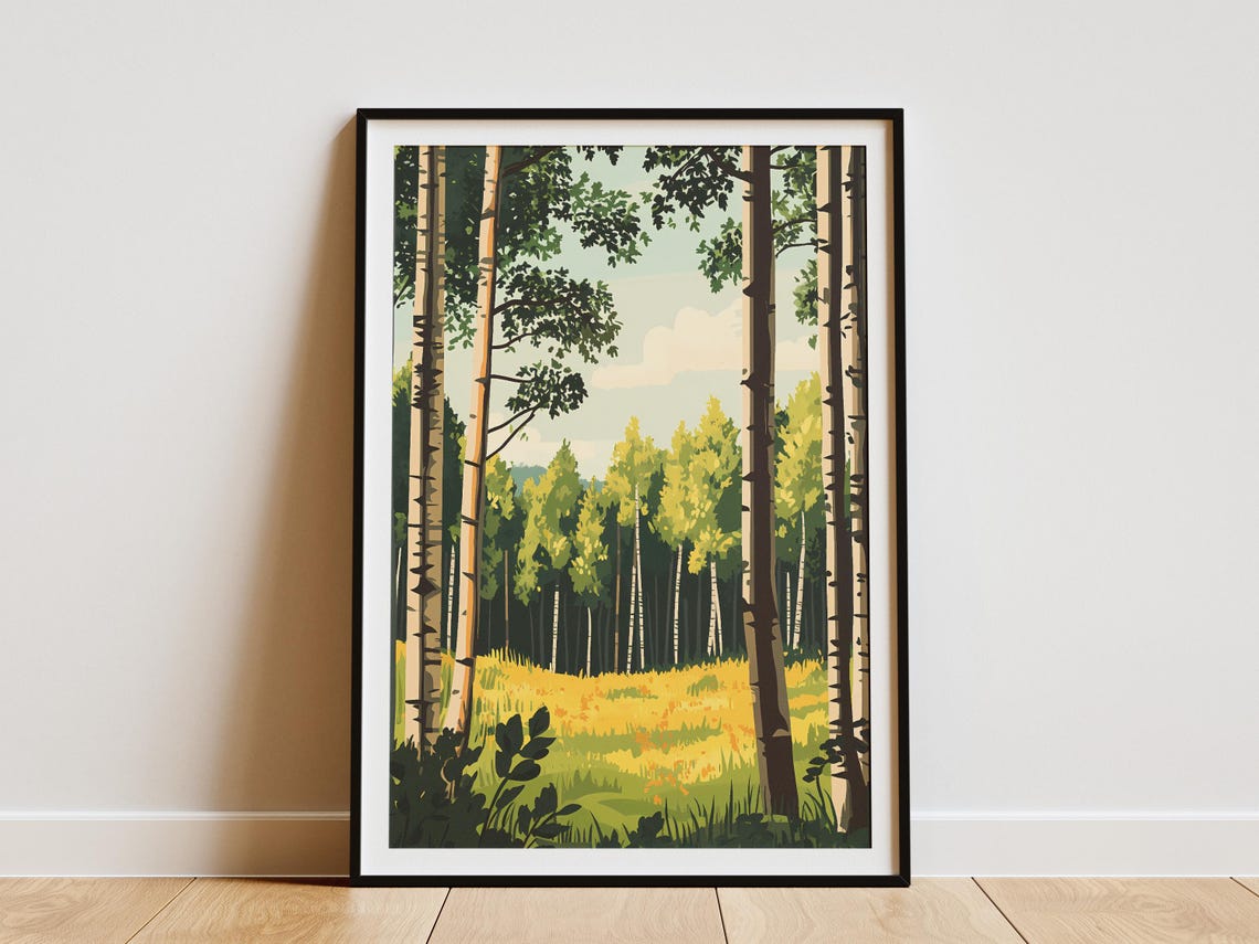 Birch Forest White Trunks Green Canopy Bright Summer Meadow Poster