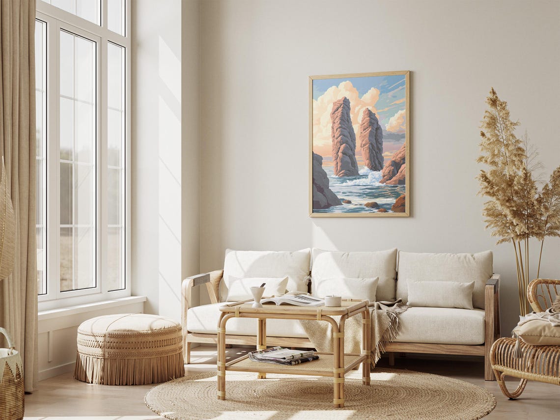 Twin Ocean Rock Pillars Rising from the Surf at Golden Hour Poster - Image 4