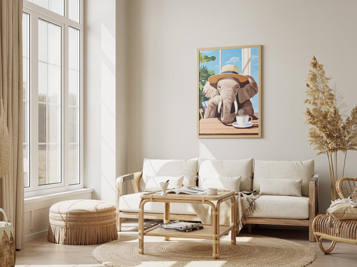 Elephant Art Print Cafe Poster Coffee Lover Gift Whimsical Wall Animal Home Decor With Hat - Image 3