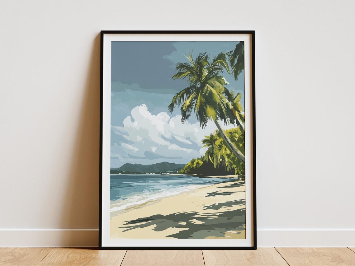 Leaning Palm Tree Tropical Beach Ocean Shoreline Coastal Print