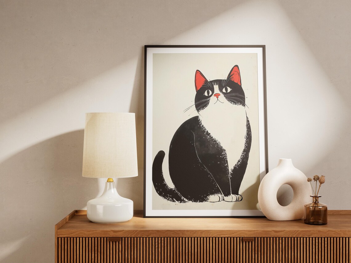Black and White Cat with Red Ears Japanese Woodcut Style Art Poster - Image 5