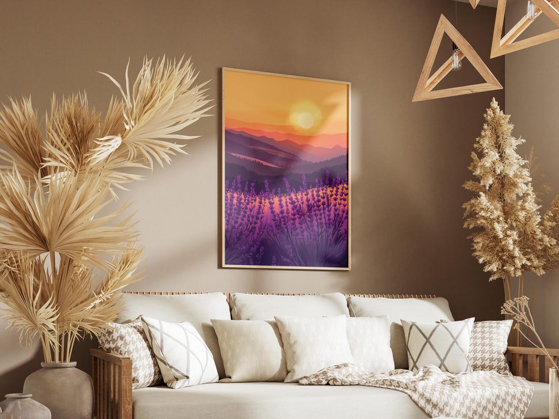 Lavender Field Sunset Purple Blooms Mountain Layers Scenic Poster - Image 3