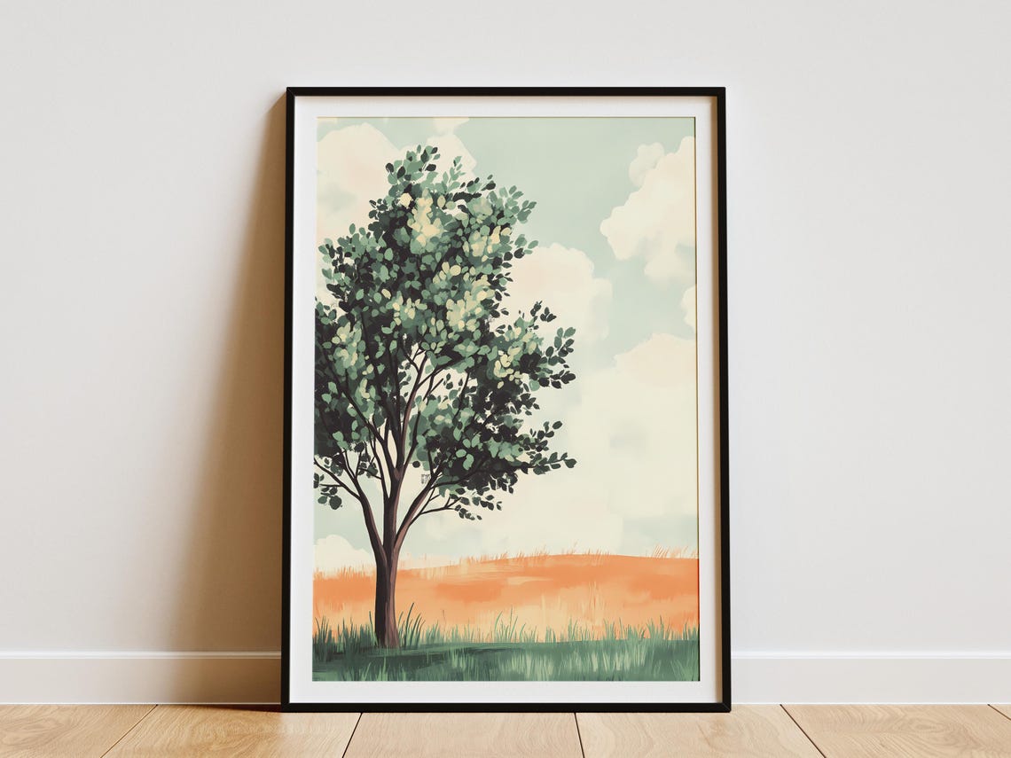 Lone Tree In Open Field Under Orange Sunset Sky Nature Art Poster