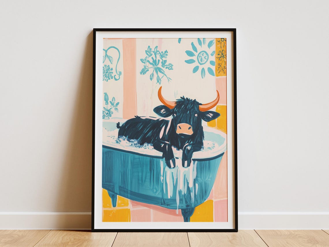 Whimsical Longhorn Cow In Blue Bubble Bath Floral Bathroom Poster
