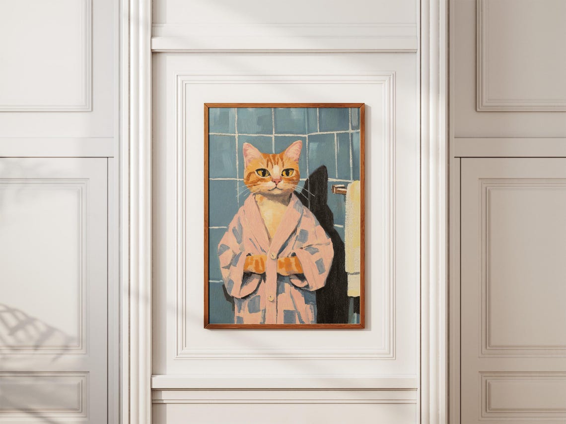 Orange Tabby Cat in Pink Bathrobe Funny Bathroom Decor Poster - Image 2