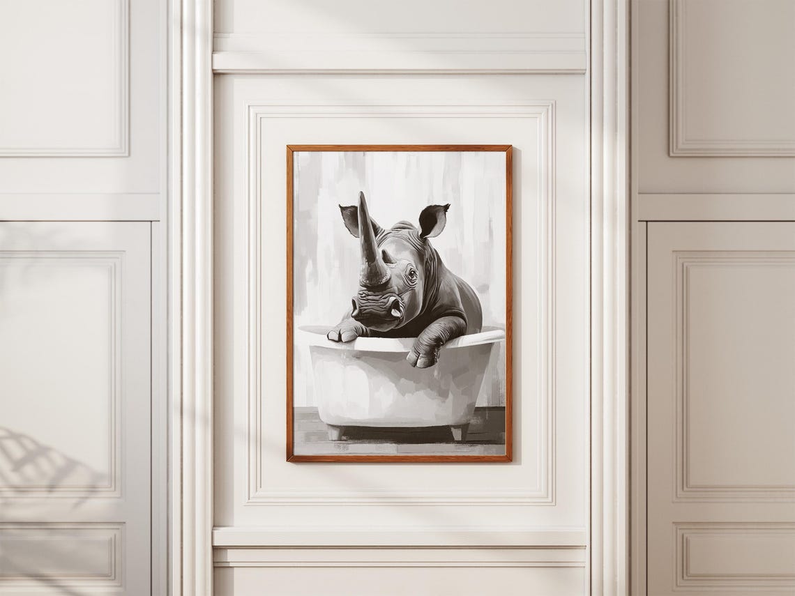 Rhino in Bathtub Funny Minimalist Black and White Animal Poster - Image 2