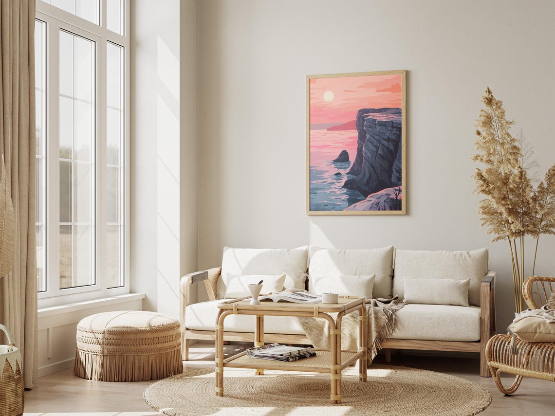 Pink Sunset Coastal Cliff Over Calm Sea Romantic Scene Poster - Image 4