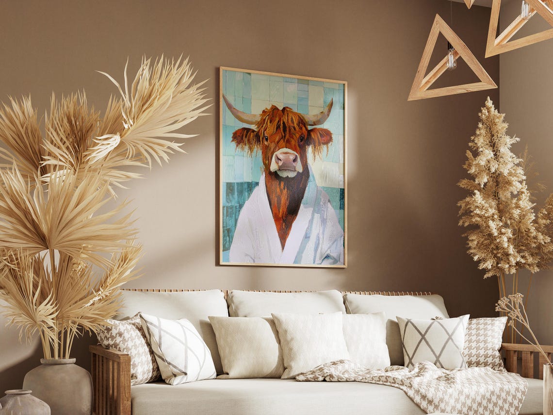 Highland Cow Wearing White Bathrobe Teal Tile Bathroom Poster - Image 3