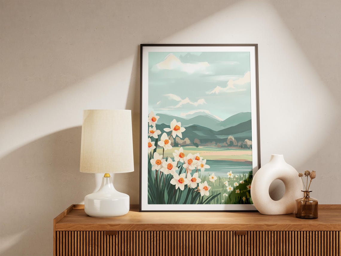 White Daffodils With Mountain Lake Behind Landscape Art Poster - Image 5