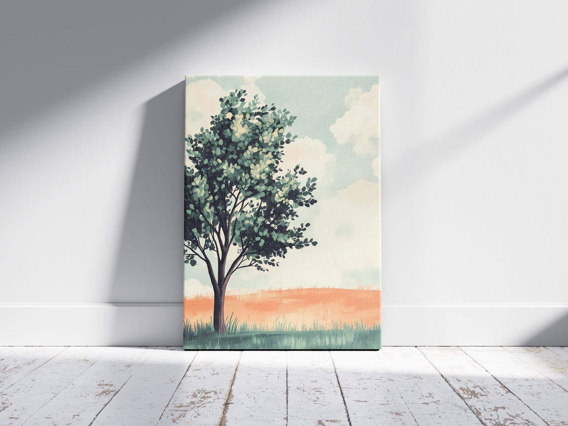 Lone Tree In Open Field Under Orange Sunset Sky Nature Art Poster - Image 2
