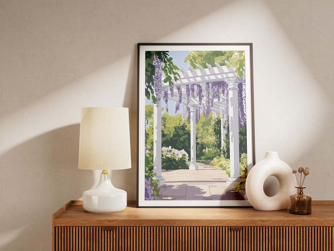 Purple Wisteria Cascading Over a White Garden Pergola Poster - Image 5