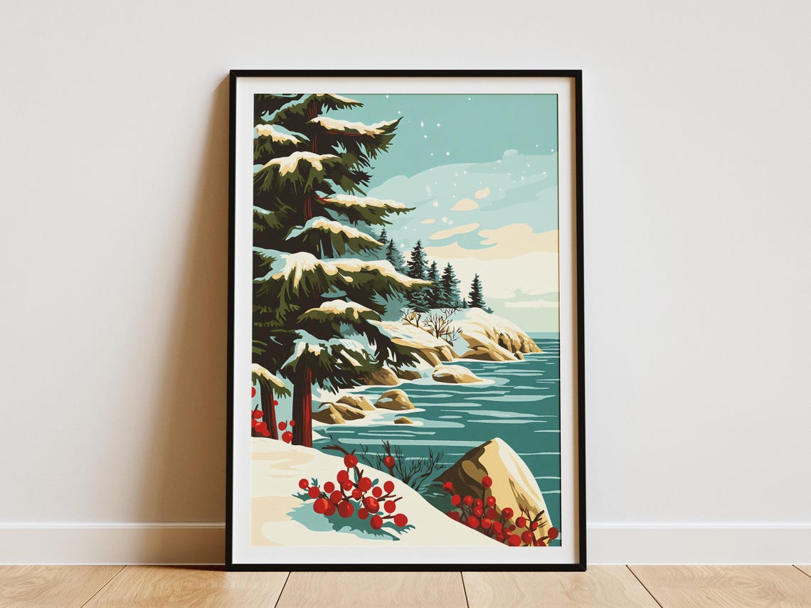 Snowy Coastal Pines With Red Berries Above Teal Water Art Poster