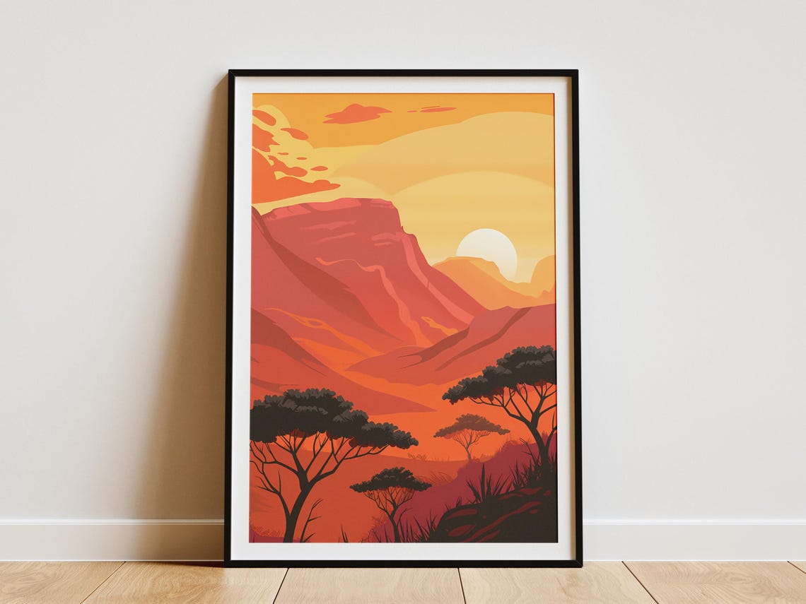 Red Canyon Mesa Sunset Acacia Trees Warm Desert Landscape Poster