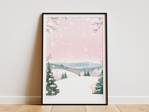 Pink Winter Mountain Landscape Snowy Trees Forest Nature Art Watercolor Painting Print Scandinavian Minimalist Home Decor Wall Art Poster