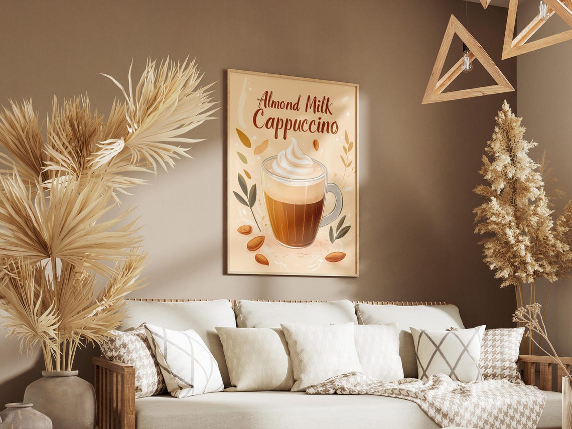 Almond Milk Cappuccino Glass Mug With Almonds Cafe Art Poster - Image 3