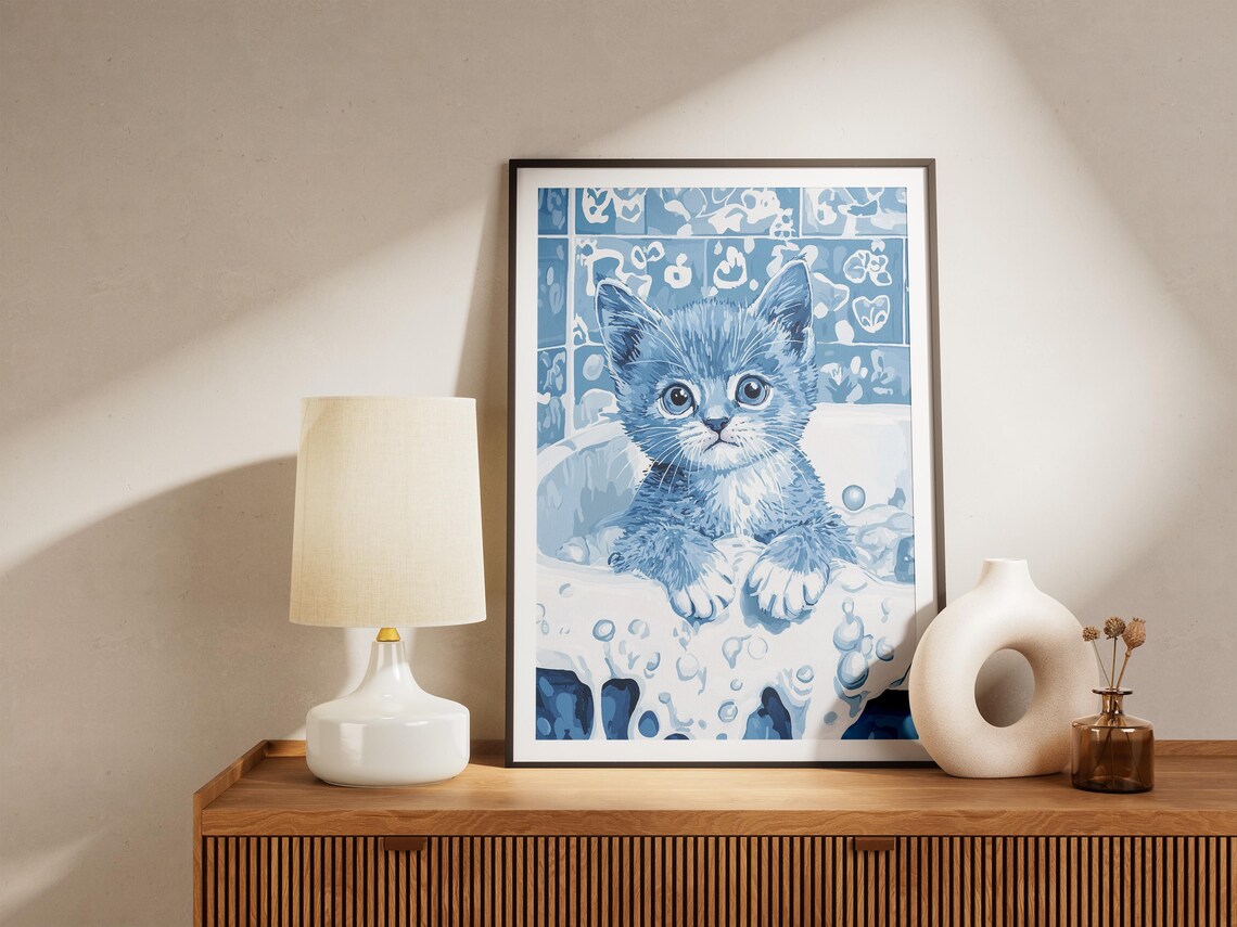 Blue Kitten In Bathtub Poster Cute Whimsical Pet Art For Bathroom Decor - Image 4