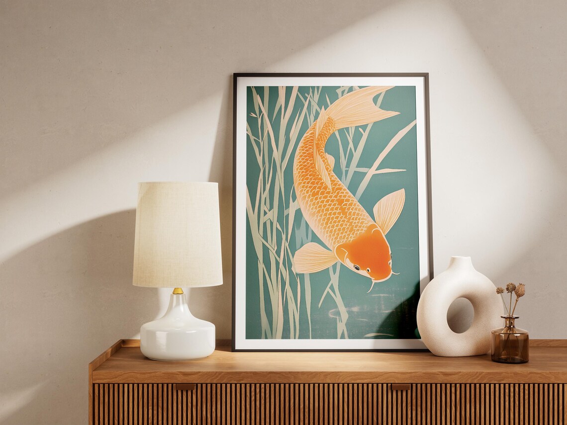 Golden Koi Fish Swimming Teal Water Japanese Style Art Poster - Image 5