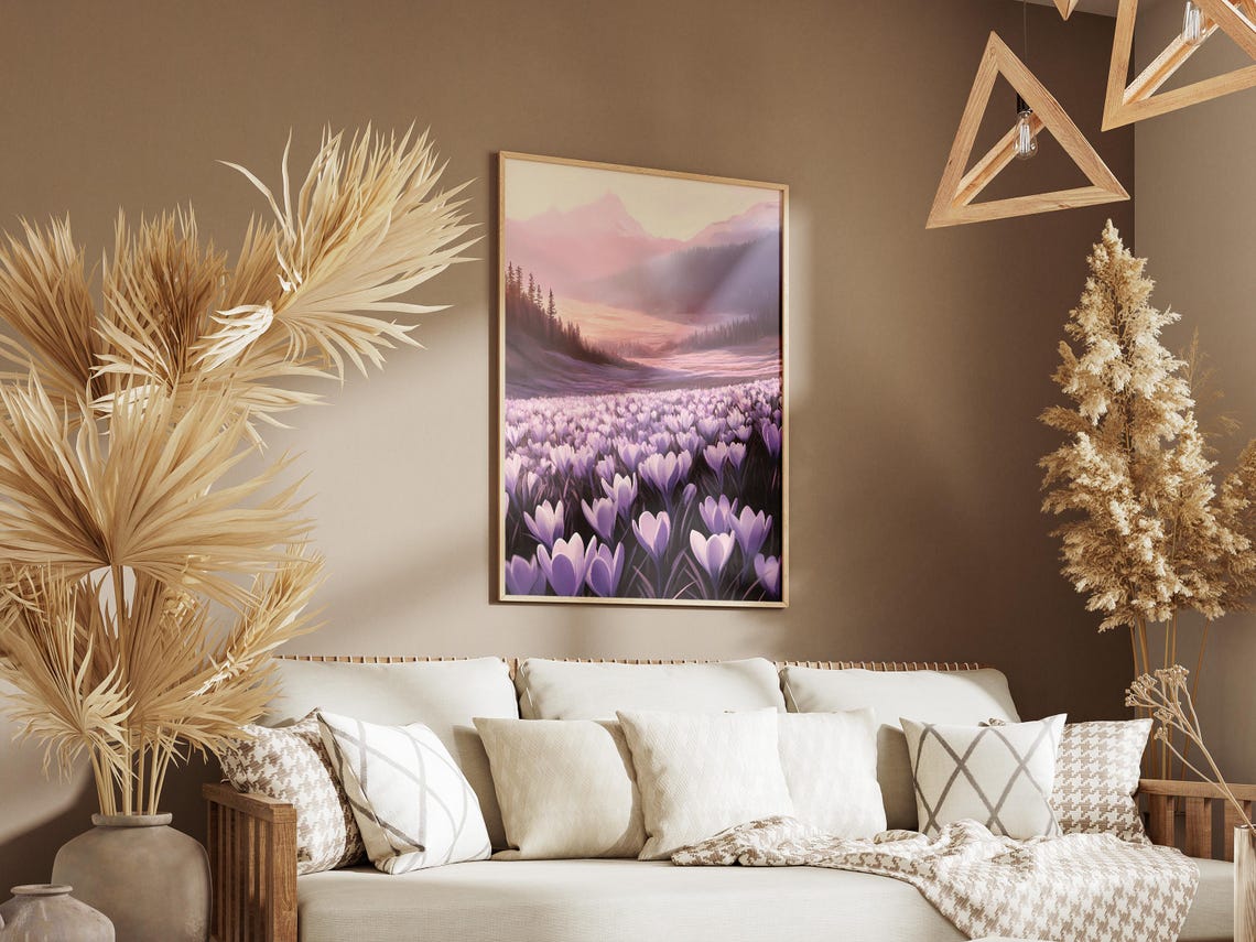 Endless Purple Crocus Valley Under Misty Morning Mountains Poster - Image 3