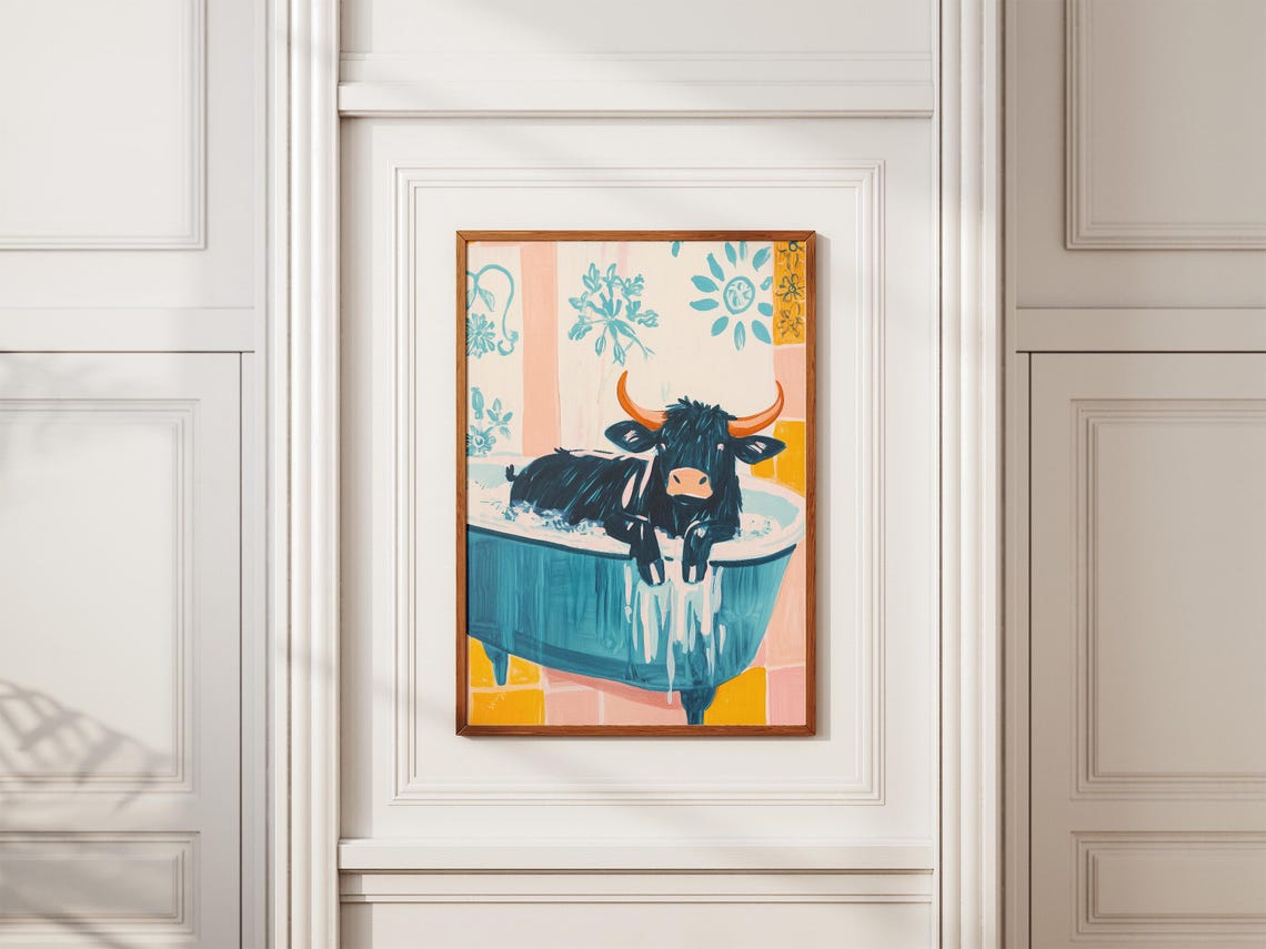 Whimsical Longhorn Cow In Blue Bubble Bath Floral Bathroom Poster - Image 2