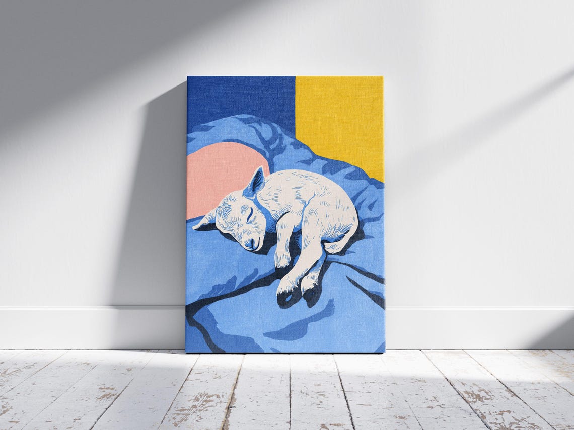 Cute Sleeping Baby Goat Kid on Blue Bed Matisse Style Poster - Image 2