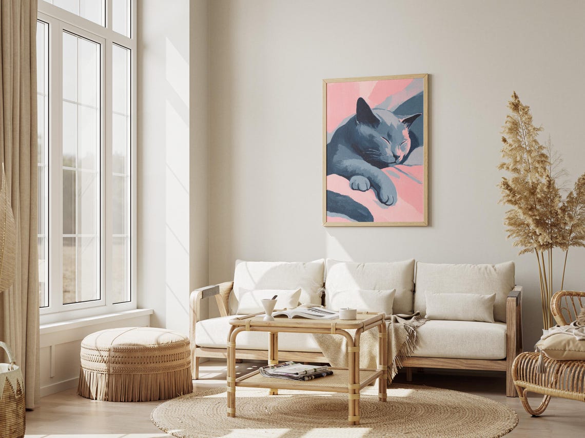 Gray Cat Sleeping on Pink Bedding Soft Pastel Pet Portrait Poster - Image 3