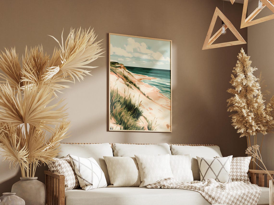 Sandy Dune Beach Grass Ocean Shore Painterly Illustration Poster - Image 3