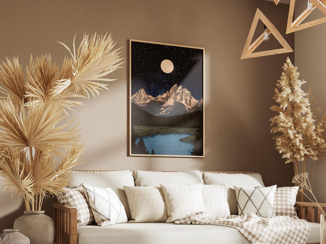 Grand Teton National Park Moonlit Peaks Over a River Night Art Poster - Image 3