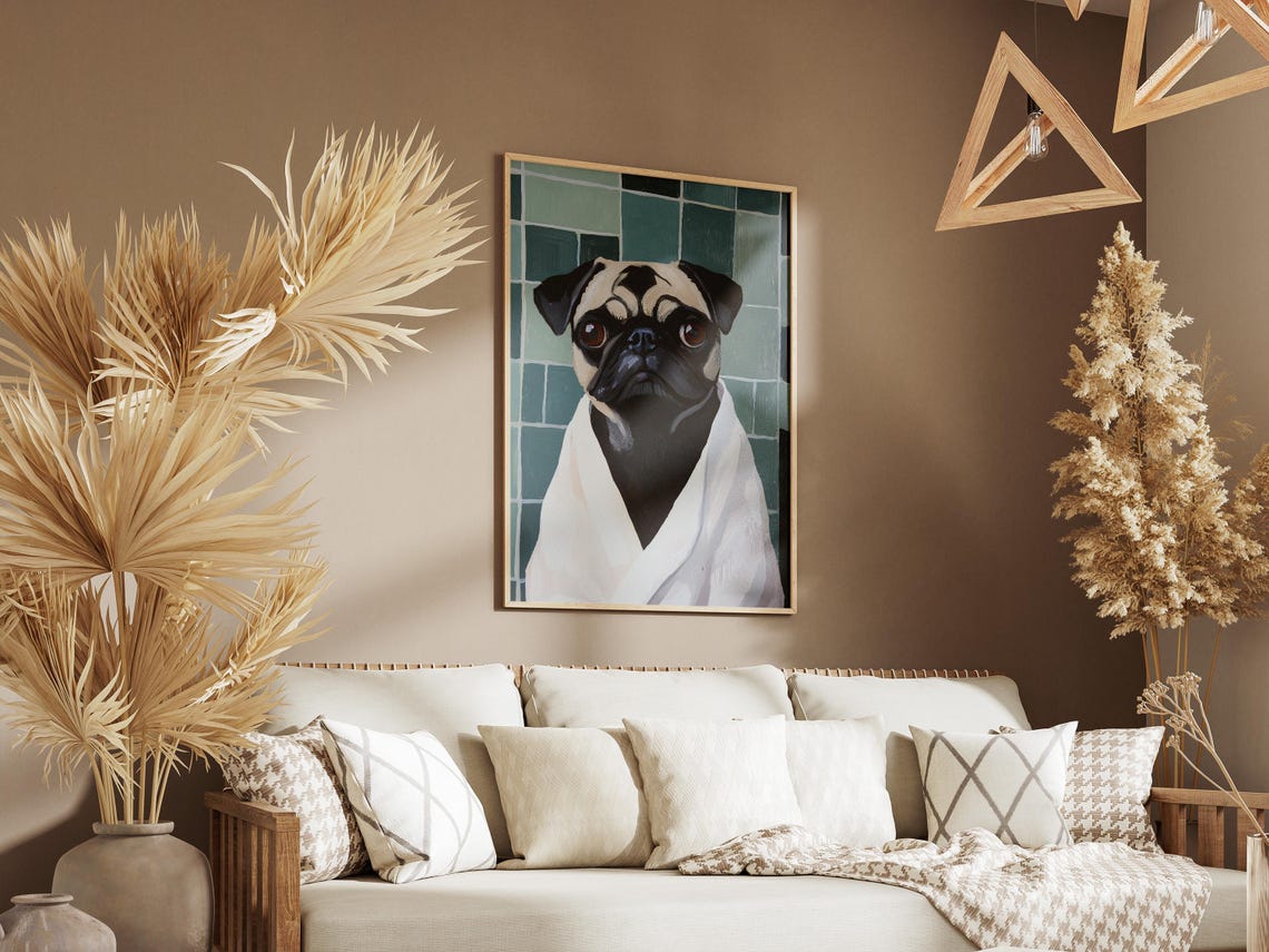 Pug Dog in White Bathrobe Teal Tiled Bath Portrait Art Poster - Image 3