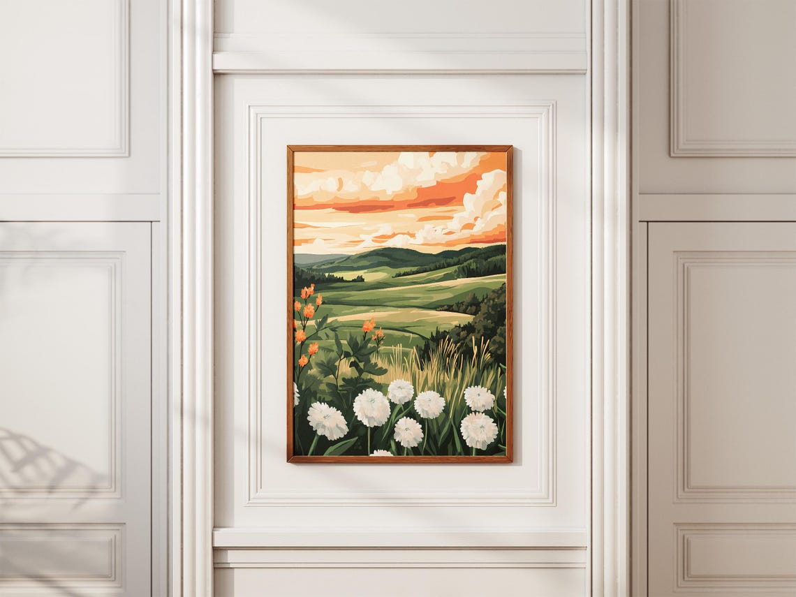 Golden Sunset Over Green Valley With White Wildflowers Poster - Image 2