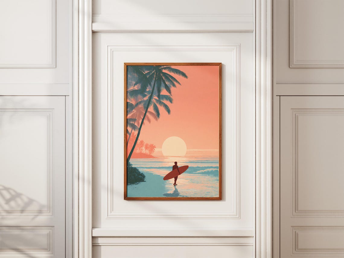 Surfer Silhouette Beach Sunset Palm Tree Golden Hour Art Poster - Image 2