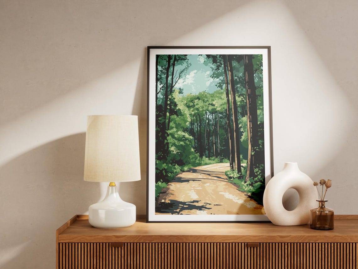 Dirt Road Through a Tall Green Forest Landscape Nature Poster - Image 4