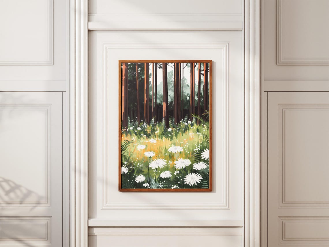White Daisies In Meadow Under Tall Dark Pine Trees Art Poster - Image 2