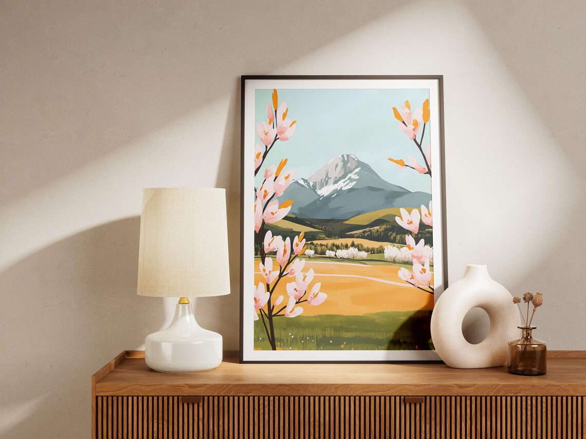 Snowy Mountain Peak With Pink Spring Blossoms Landscape Poster - Image 5