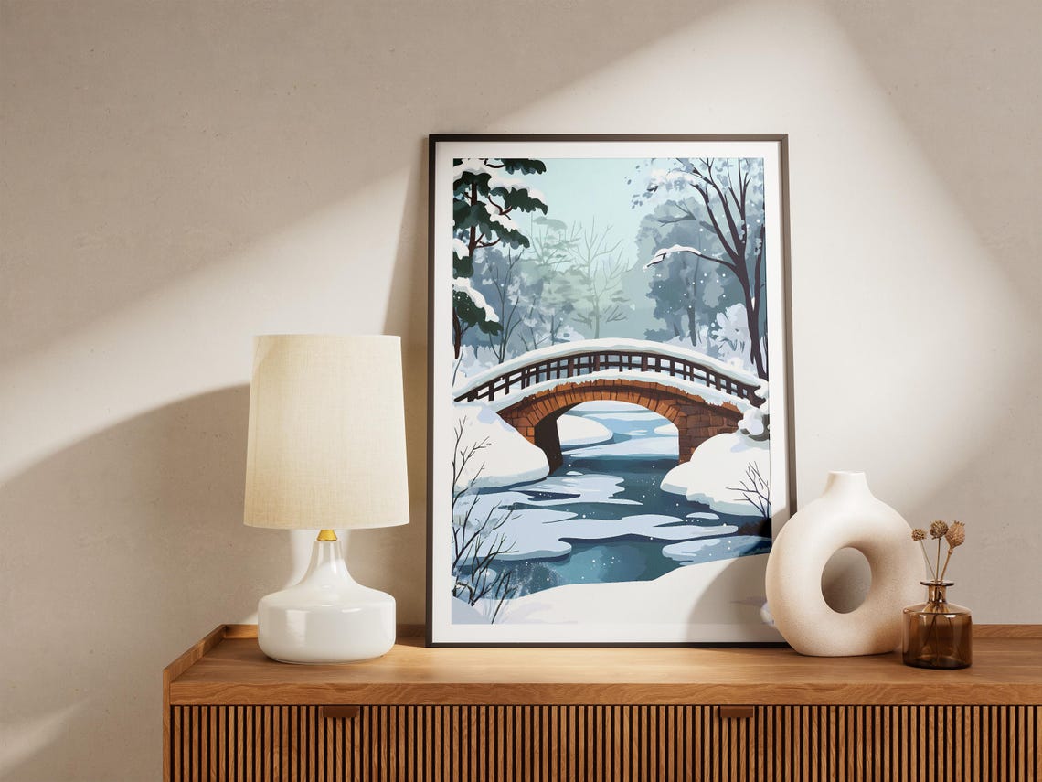 Snowy Arched Stone Bridge Over Frozen Winter River Scene Poster - Image 5