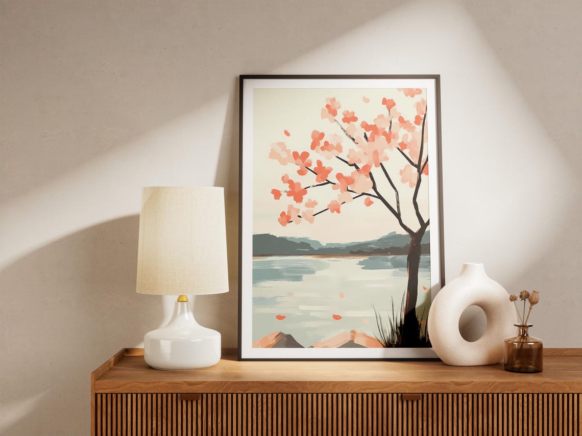 Cherry Blossom Tree by a Calm River with Falling Petals Poster - Image 5