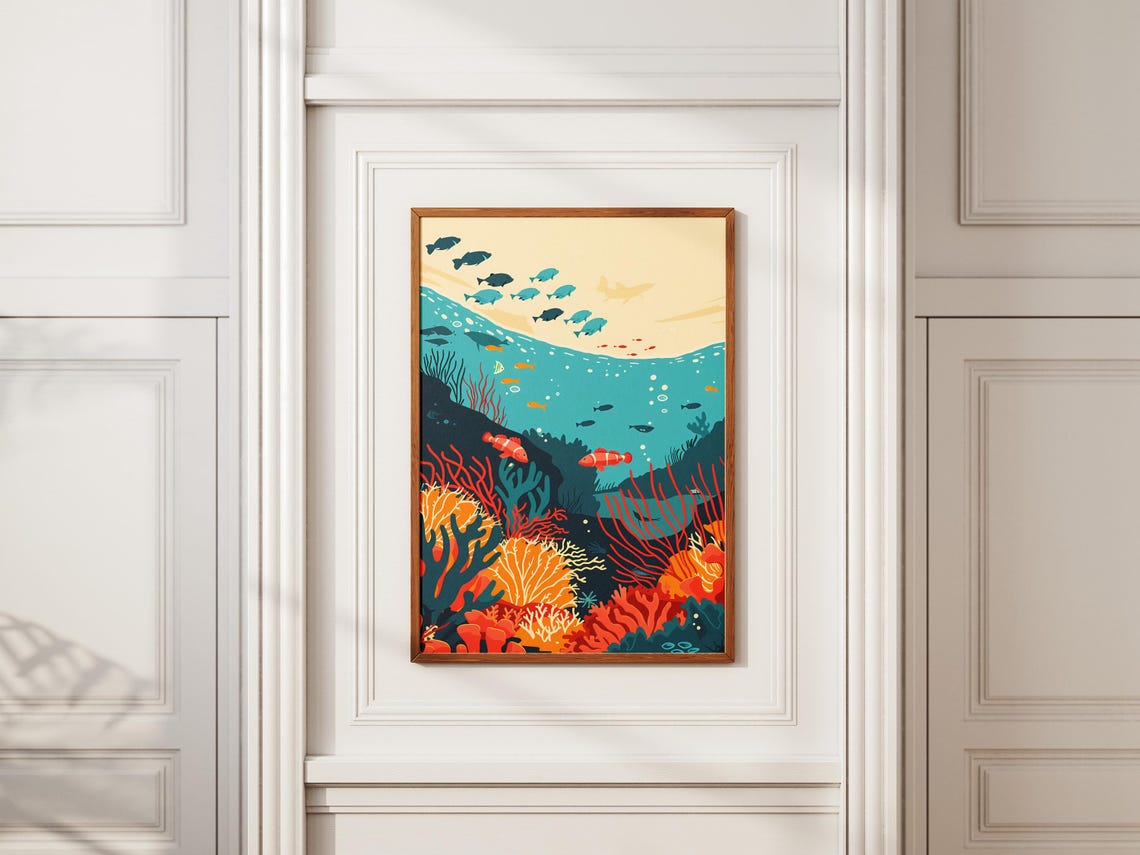 Retro Coral Reef Underwater Ocean Life Tropical Fish Art Poster - Image 2