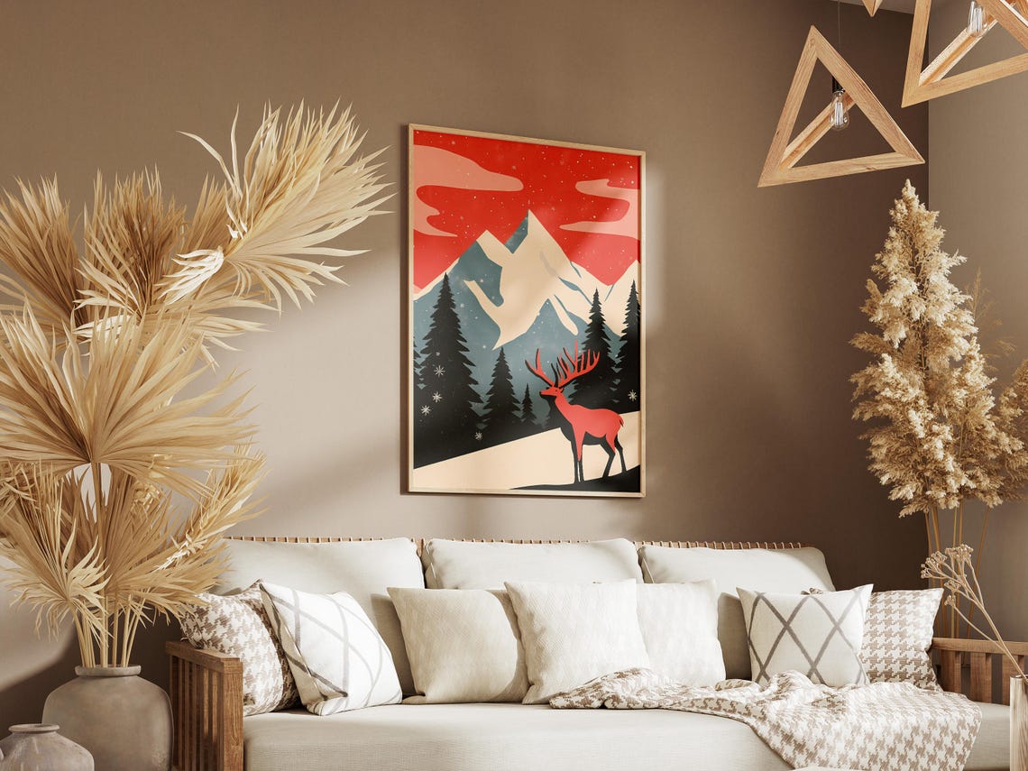 Denali Red Elk Standing in Snow Under a Deep Red Sky Art Poster - Image 3