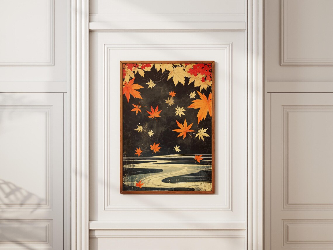 Autumn Maple Leaves, Japanese River Landscape Art Print - Image 2