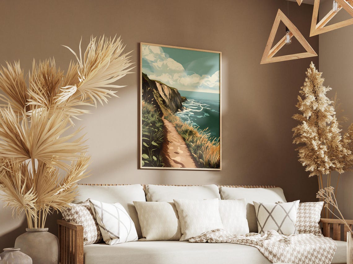 Grassy Cliffside Hiking Trail Overlooking a Turquoise Sea Poster - Image 3
