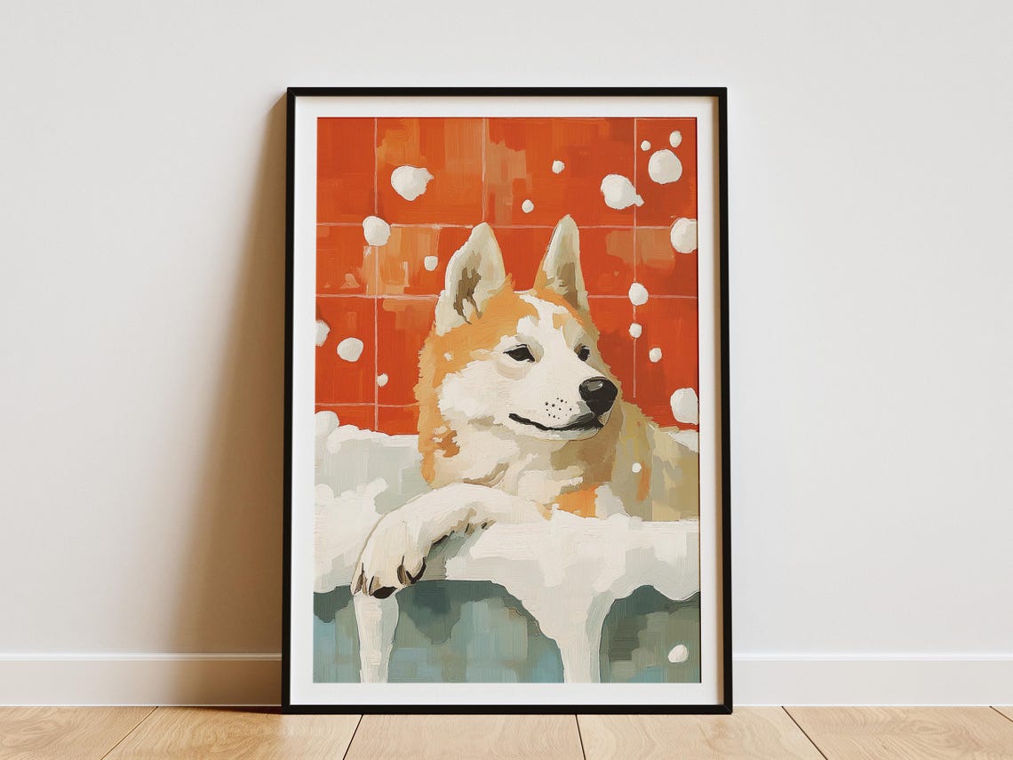 Smiling Husky Relaxing In Bubble Bath On Orange Tile Dog Poster