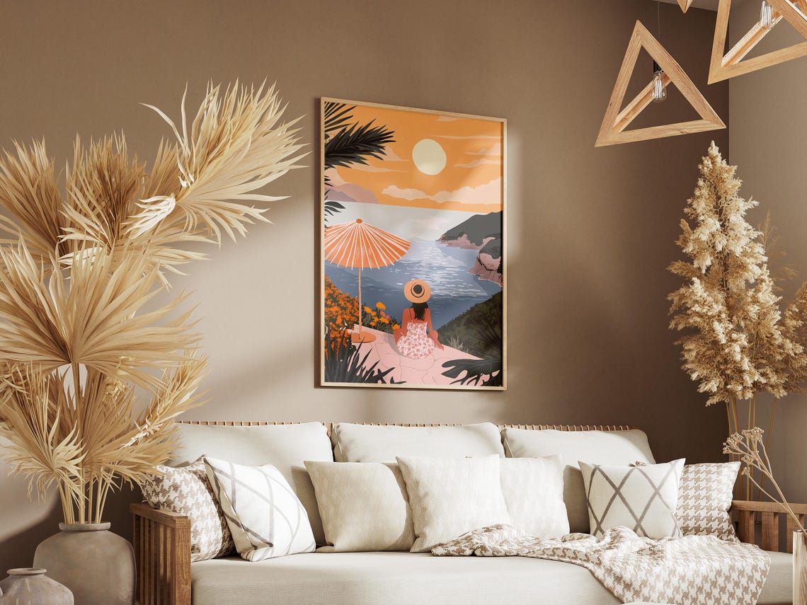 Woman Watching a Mediterranean Bay Sunset from a Cliff Poster - Image 3