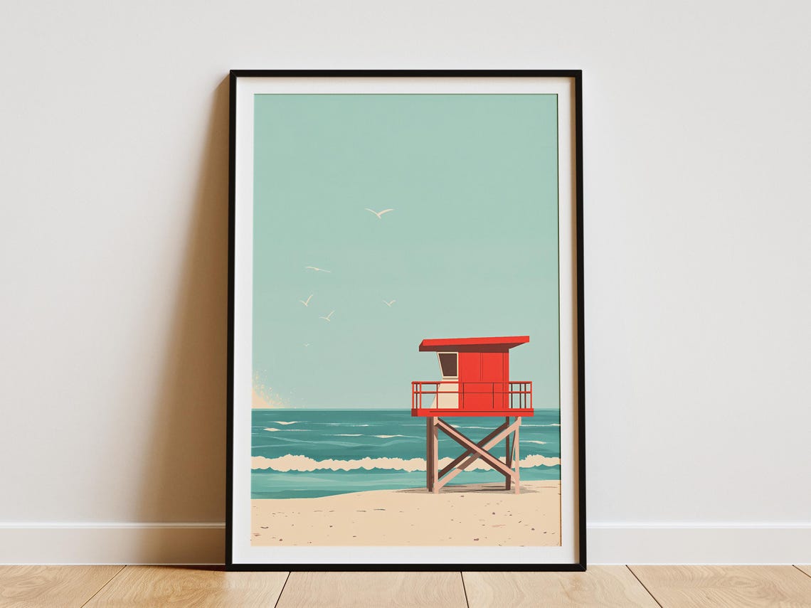 Red Lifeguard Tower Retro Beach Summer Coast Seagulls Art Wall Poster