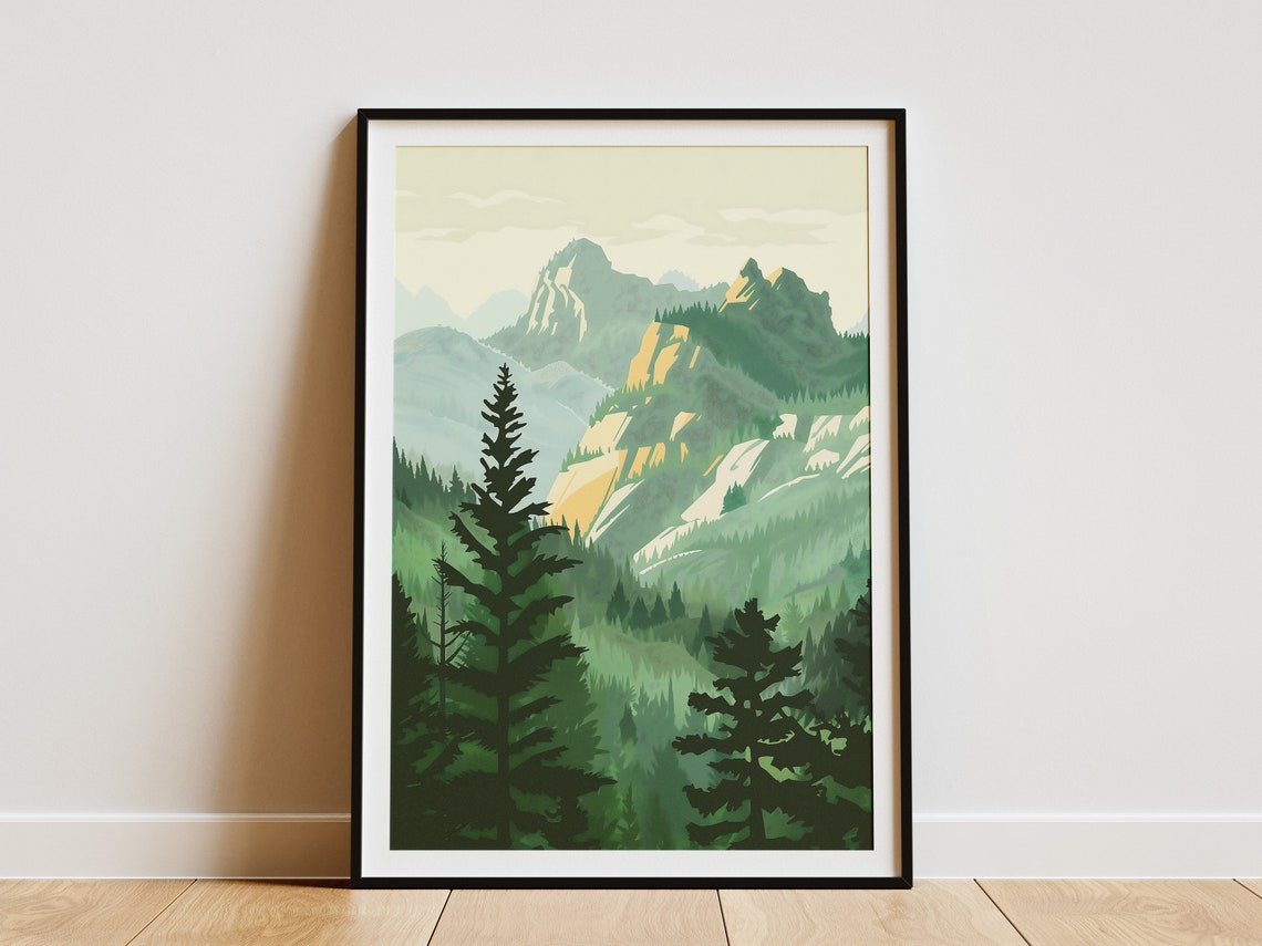 Evergreen Mountain Pine Valley Vintage Nature Landscape Poster
